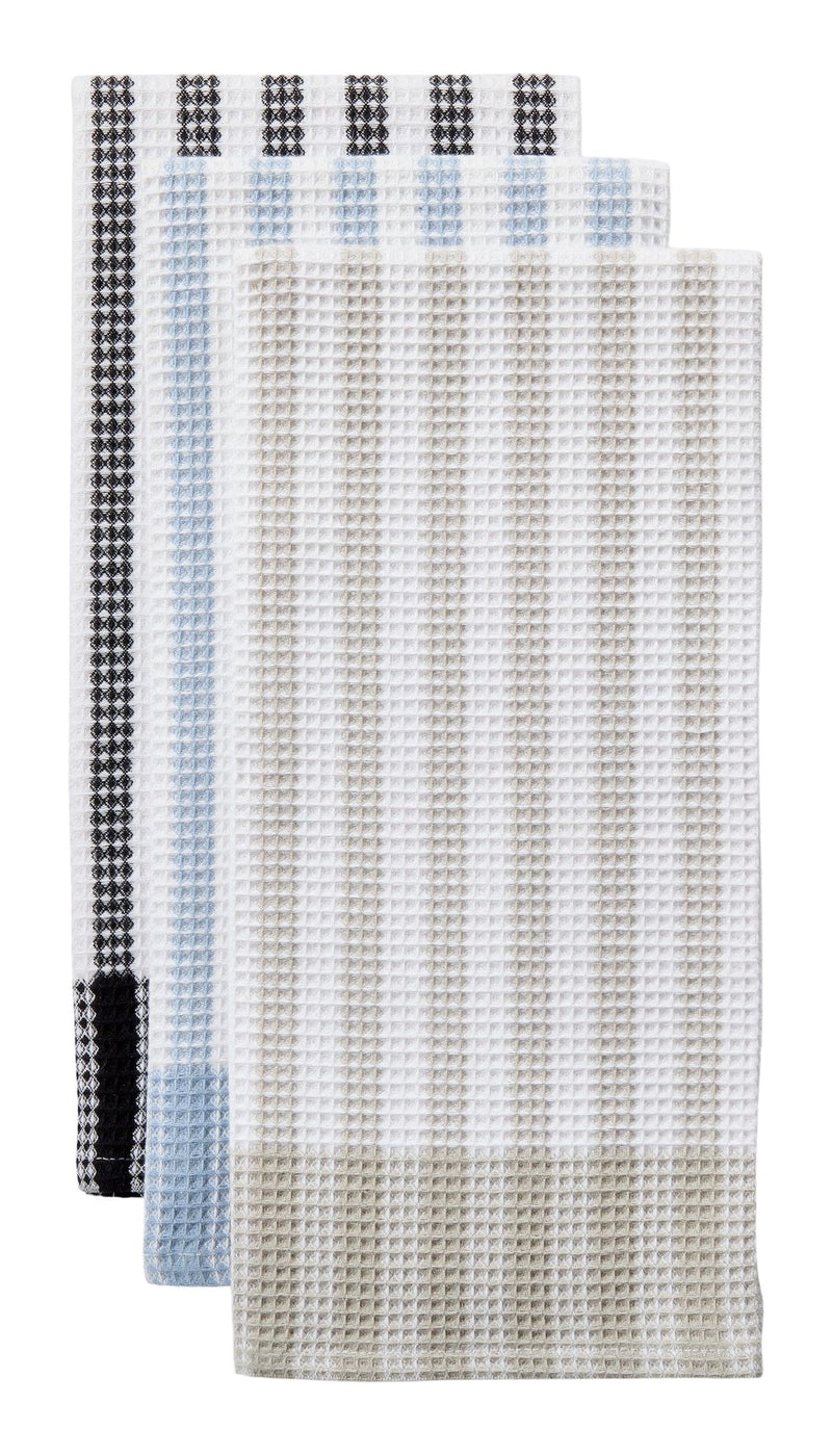 Waffle Checkered Cotton Kitchen Towels, Black/Grey/Blue, 20-in x 30-in, 6-pk V5896