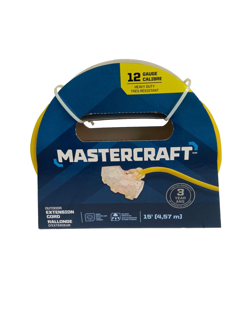 15-ft 12/3 Outdoor Extension Cord with 3 Grounded Outlets and Lighted End, Yellow E7493