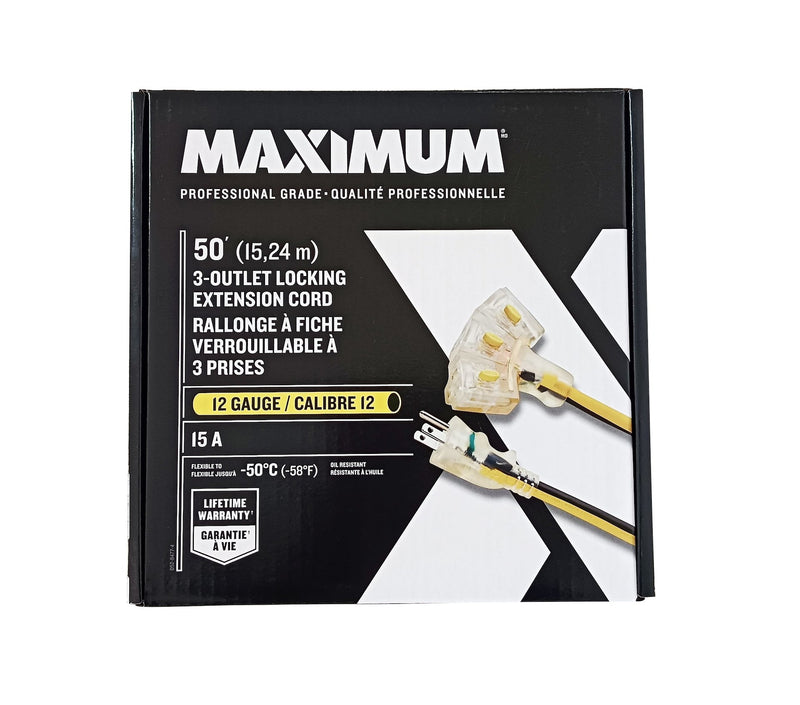 3-Outlet Locking Extension Cord, 50-ft, Yellow/Black N6430