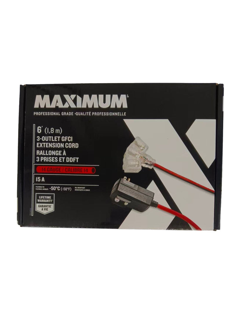 6-ft 14/3 Outdoor GFCI Extension Cord with 3 Grounded Outlets, Lighted End, Block/Red N7343