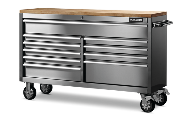 Butcher Block Top Rolling Tool Storage Cabinet with 10 Drawers, Stainless Steel, 56-in M9228