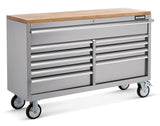 Butcher Block Top Rolling Tool Storage Cabinet with 10 Drawers, Stainless Steel, 56-in