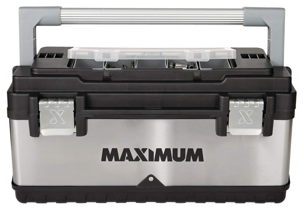 Portable Plastic & Metal Tool Box with Removable Tray & Organizer, Black, 20-in