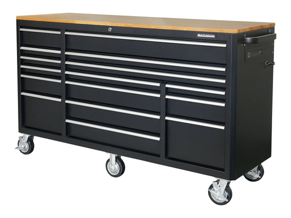 Tool Cabinet with Wood Top and 4-Outlet Power Strip, Black, 74x24-in O0105