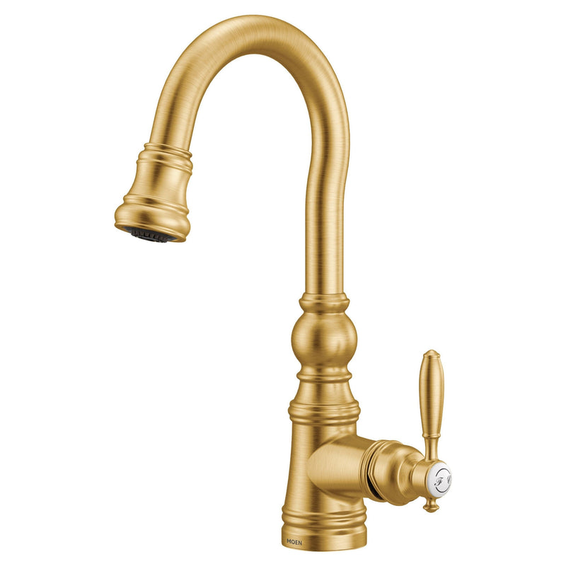 Weymouth Single Handle High Arc Pull Down Sprayer Kitchen Faucet with Power Clean, Brushed Gold W9760