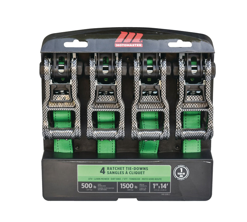 1,500-lb Carbon Ratchet Tie Downs, Weatherproof, 1-in x 14-ft, 4-pk, Green B9544