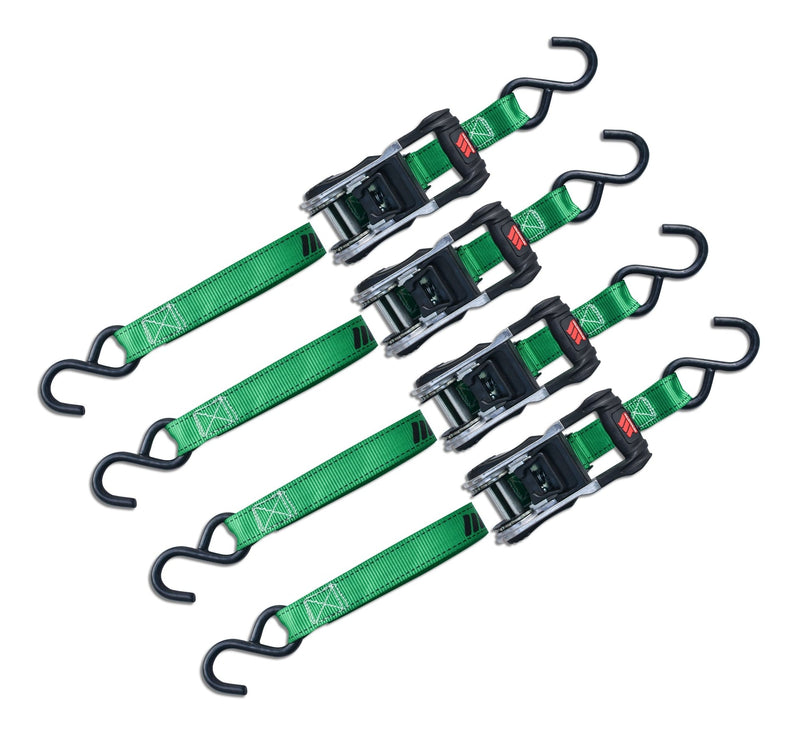 1,500-lb Ratchet Tie Down, with Padded D-Handle, 1-in x 14-ft, 4-pk, Green Y2873