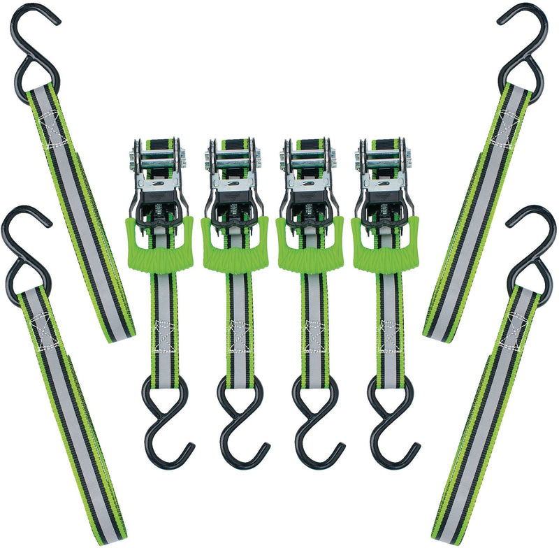 1,500-lb Reflective Ratchet Tie Down Strap, with Padded D-Handle, 1-in x 12-ft, 4-pk, Green U3154