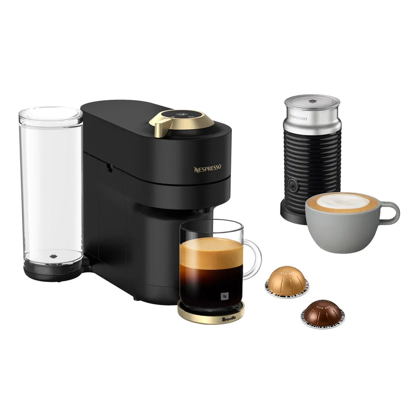 Vertuo Pop+ Deluxe Coffee and Espresso Machine by with Aeroccino with $25 Coffee Credit, Matte Black and Gold Y5894