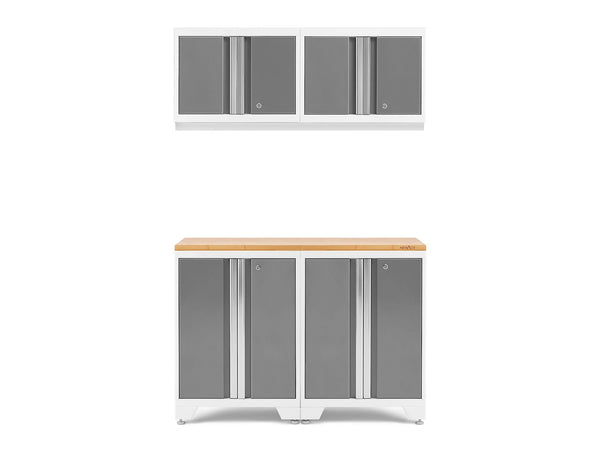 Bold 3.0 Series All-in-One Lockable Steel Garage Cabinetry Set with Bamboo Top, White/Platinum, 48-in x 18-in x 76.75-in, 5-pc U6524