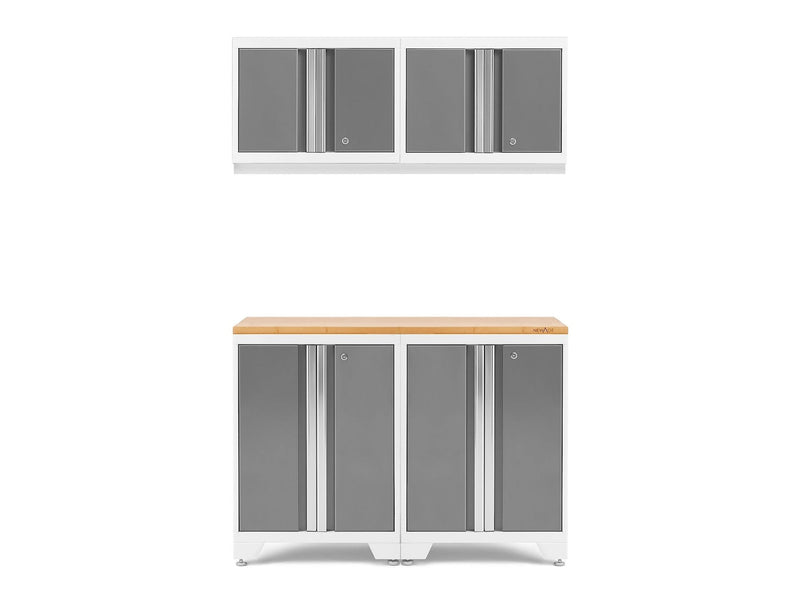 Bold 3.0 Series All-in-One Lockable Steel Garage Cabinetry Set with Bamboo Top, White/Platinum, 48-in x 18-in x 76.75-in, 5-pc U6524
