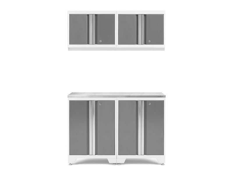 Bold 3.0 Series All-in-One Lockable Steel Garage Cabinetry Set with Stainless Steel Top, White/Platinum, 48-in x 18-in x 76.75-in, 5-pc F4863