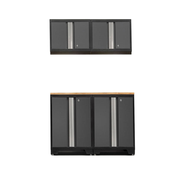 Bold Series Lockable 24-Gauge Steel Garage Cabinetry Set with Bamboo Top, Black/Grey, 48-in x 18-in x 76.75-in, 5-pc K6403