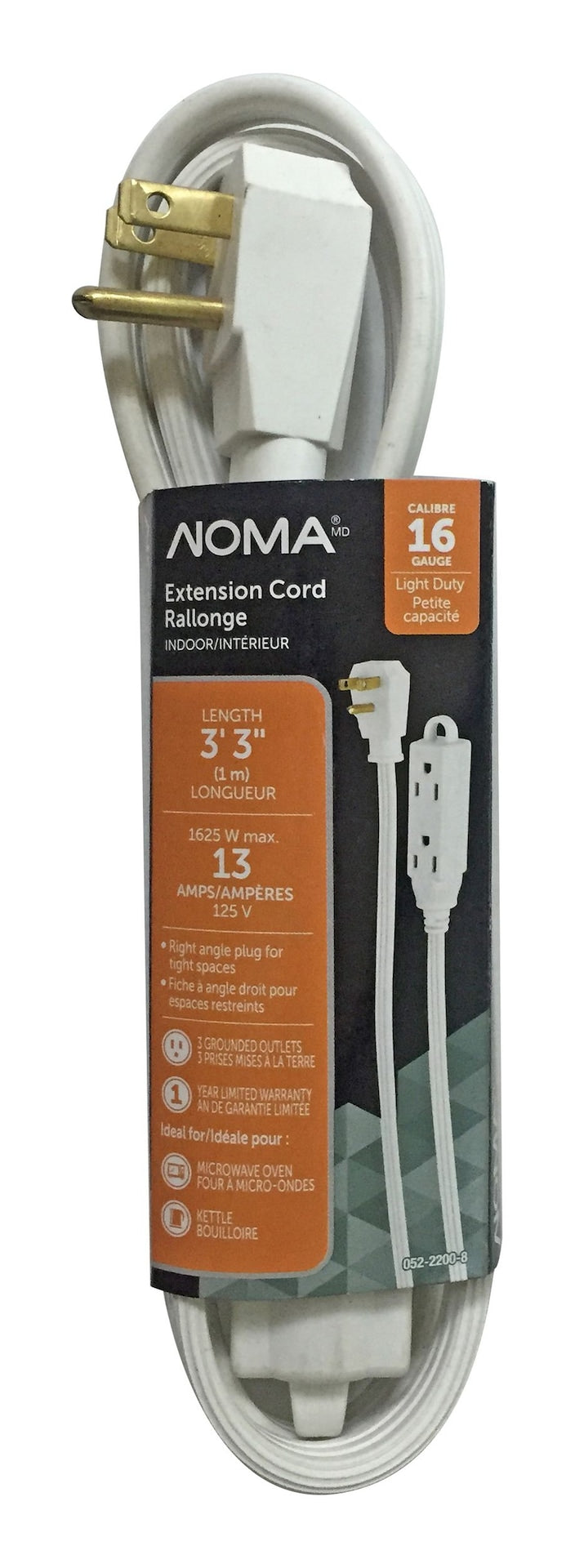 3-ft 3-in 16/3 Indoor Extension Cord with Right Angle Plug, 3 Grounded Outlets, White T2729