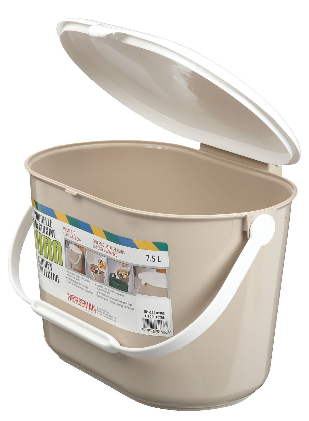 Plastic Compost Bin with Handle, White/Beige, 7-L