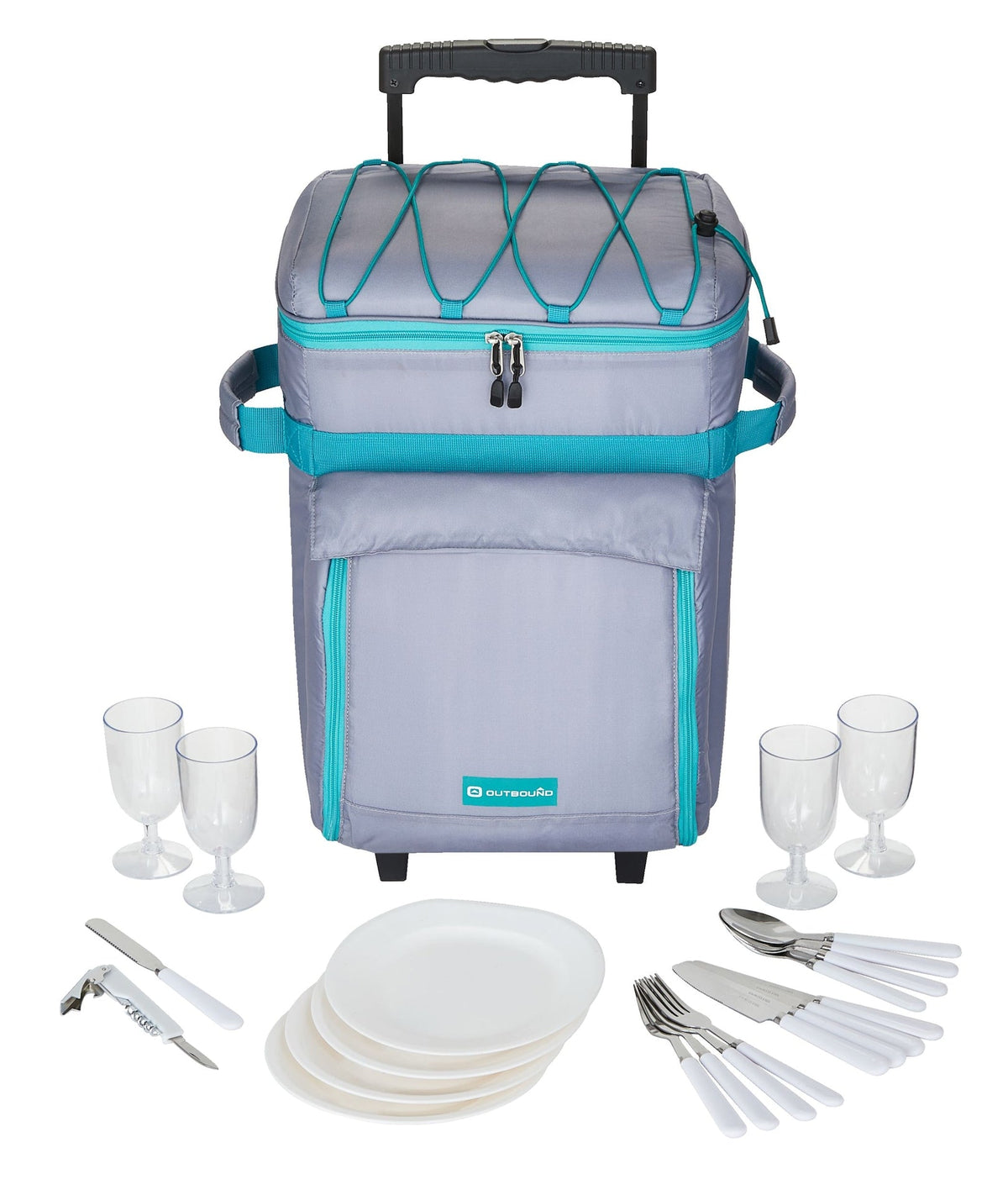 Wheeled Picnic Cooler with 21-Piece Cutlery/Plate Set, 18-Can