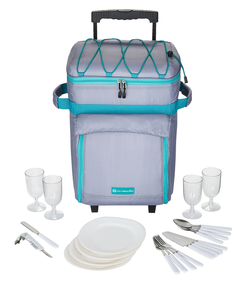 Wheeled Picnic Cooler with 21-Piece Cutlery/Plate Set, 18-Can S7412