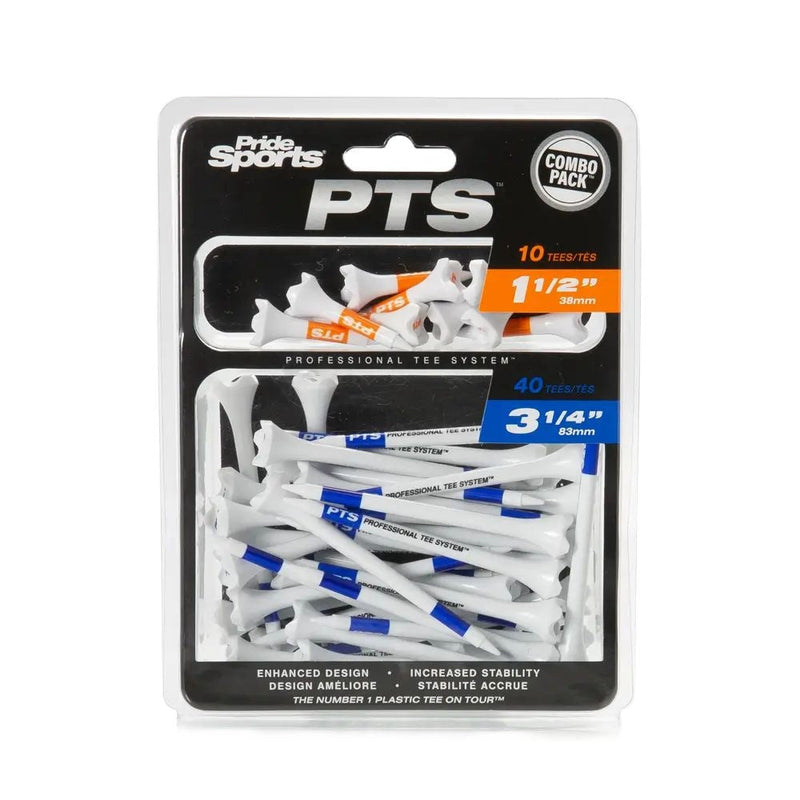 Pride Evolution Plastic Golf Tee Combo Pack, Assorted Sizes, 40-pk, White, 1-1/2-in & 3-1/4-in B7665