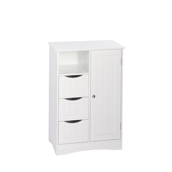 Home Ashland Single Door Bathroom & Laundry Storage Cabinet with 3 Drawers, Open Cubby & Adjustable Shelf, White B4001