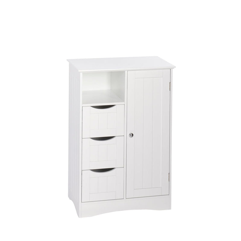 Home Ashland Single Door Bathroom & Laundry Storage Cabinet with 3 Drawers, Open Cubby & Adjustable Shelf, White B4001