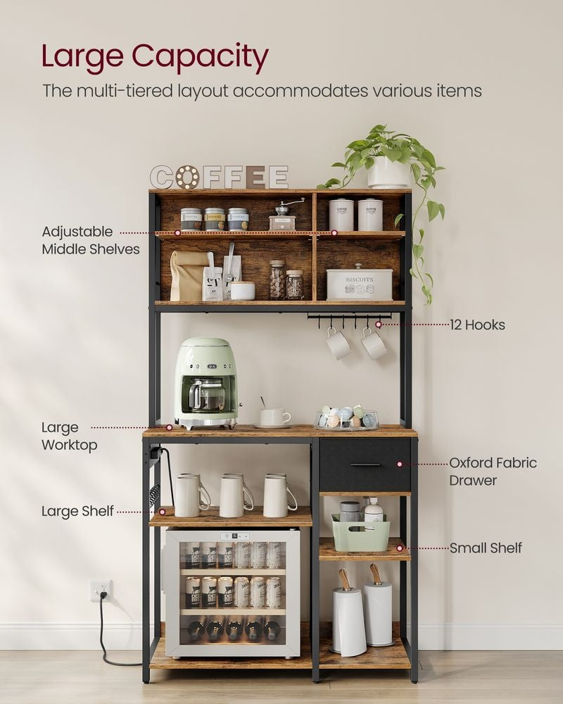 Home Brown Baker's Rack/Charging Station with Small Shelves K9097
