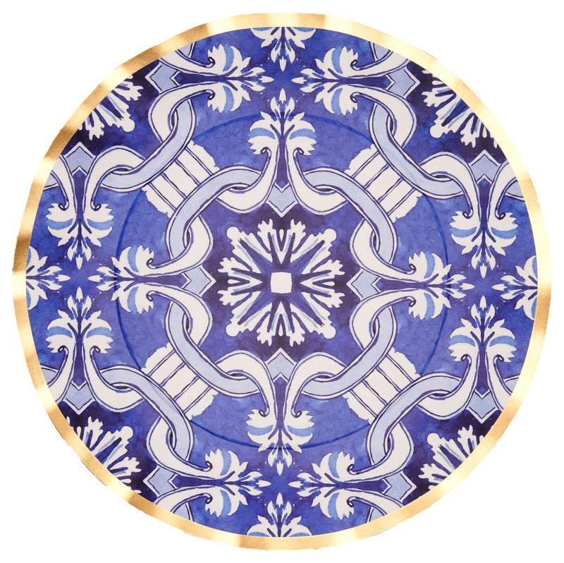 Moroccan Nights Round Bordered Trimmed Paper Disposable Dinner Plates, Blue/Gold, Tile, 10-in, 8-pk, for Mother's Day/Easter S1781