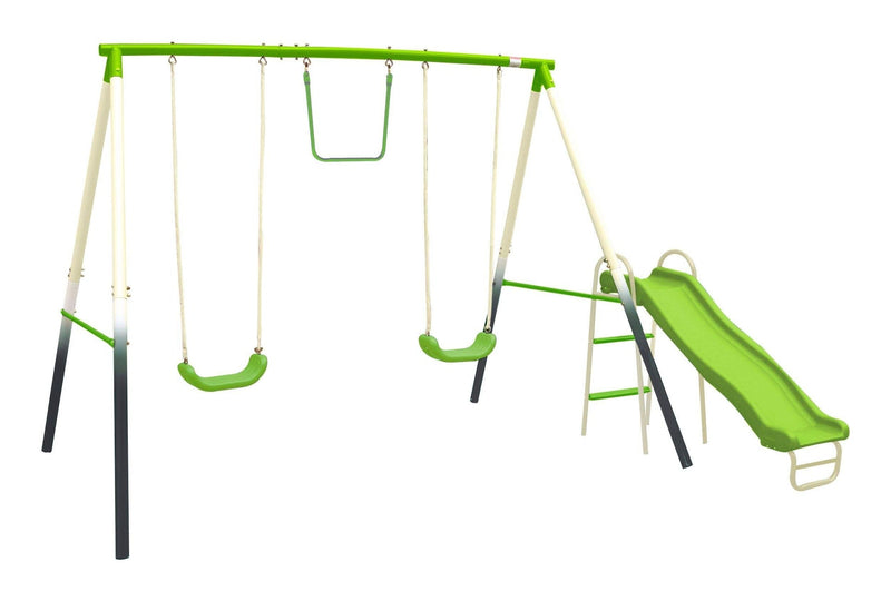 Outdoor 4-Station Metal Swing Set Combo with 2 Swings, Trapeze & Slide, Ages 3+ G0459