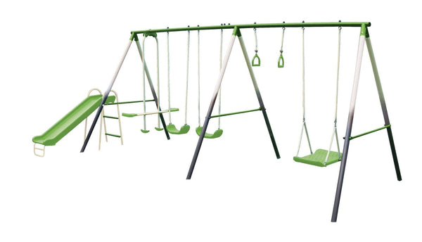 Outdoor 7-Station Metal Swing Set Combo with 2 Swings, Trapeze & More, Ages 3+ D3467