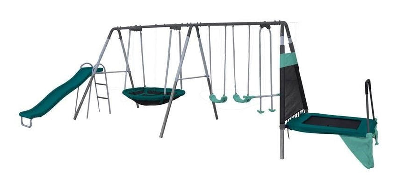 Outdoor Ravine Metal Swing Set Combo, 2 Swings, Glider, Trampoline & Saucer T4559