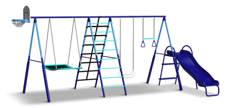 Sunset Slam Kids' 7-Station LED Metal Swing Set Combo with Basketball Hoop & Slide I6882