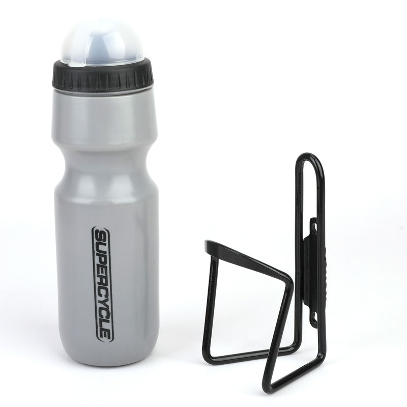 Wide Mouth Self-Sealing Bike Water Bottle withCage/Holder, BPA Free, Silver, 21-oz H7668