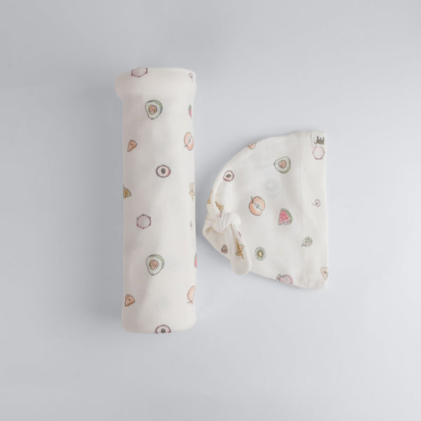 Fruit Print Premium Organic Cotton Blanket and Beanie Set C3651