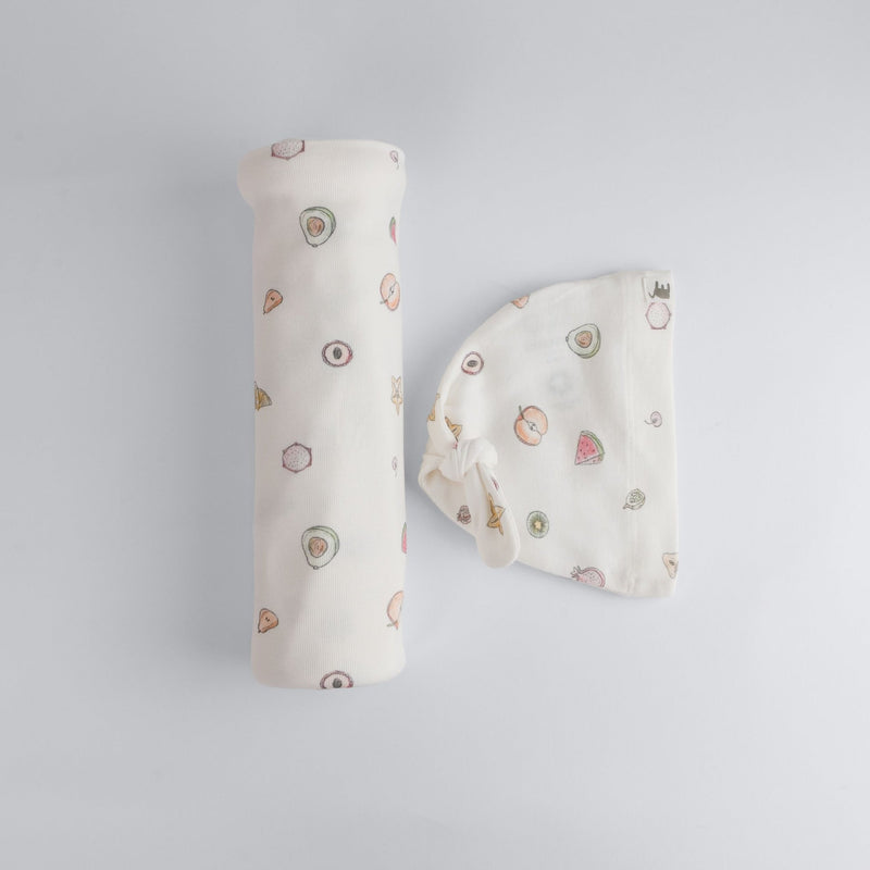 Fruit Print Premium Organic Cotton Blanket and Beanie Set C3651