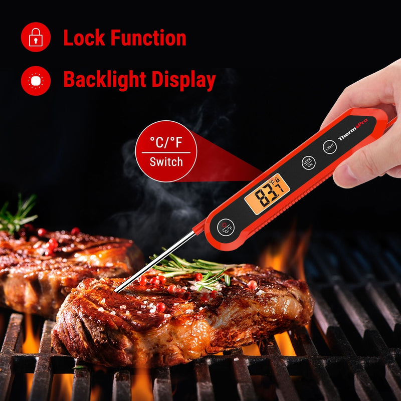 Waterproof Digital Instant-Read Folding Meat Thermometer with Swivel Probe, Black/Red M5267