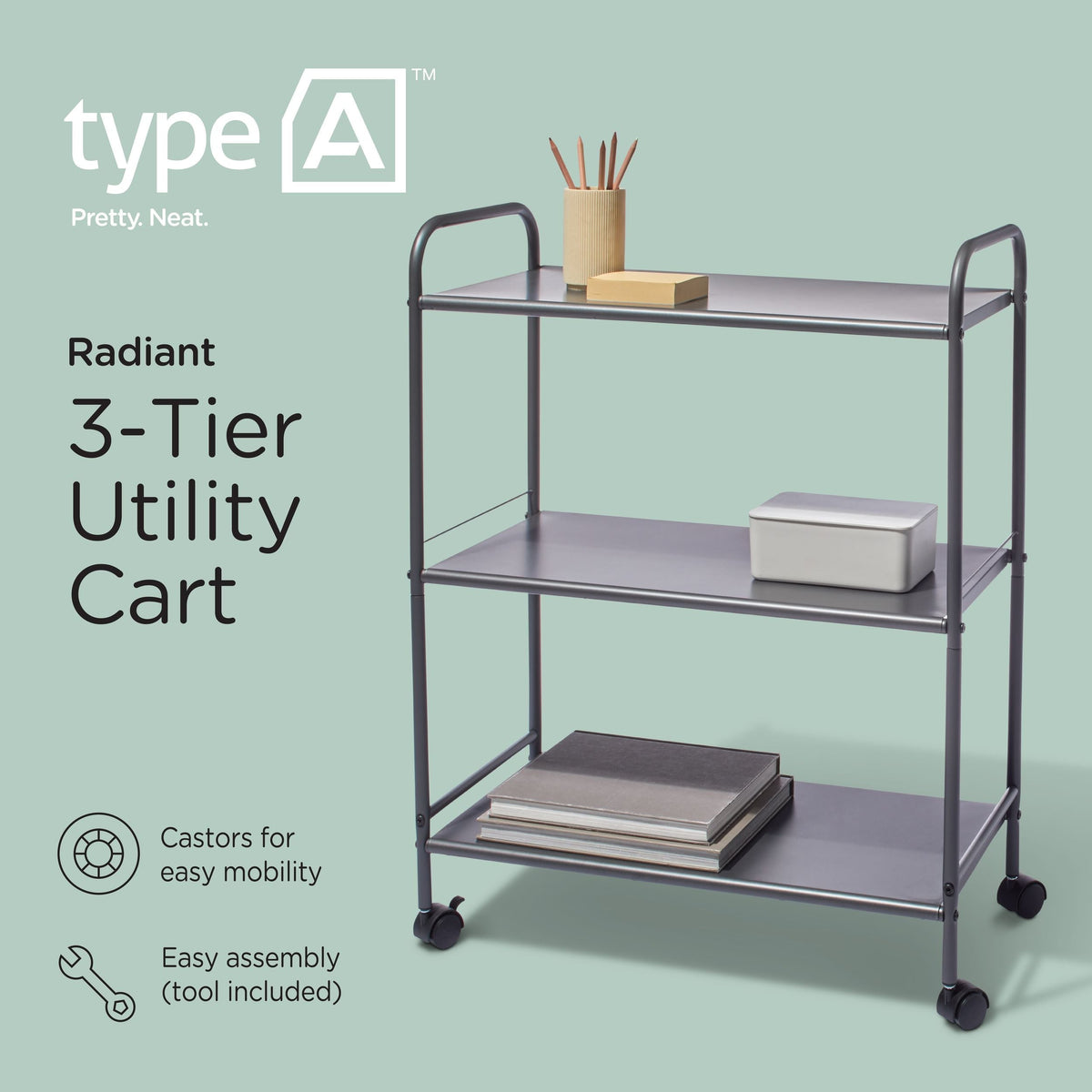 Radiant 3-Tier Utility Cart with Wheels, Grey