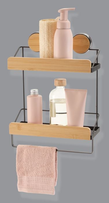 Wall Mounted 2-Tier Shower Rack, Black/Bamboo N1210