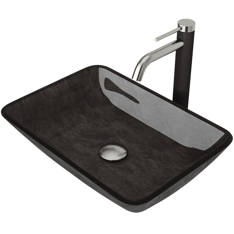 Glass Grey Onyx Bathroom Sink/Basin Set with Lexington Faucet and Rectangular Vessel I0708