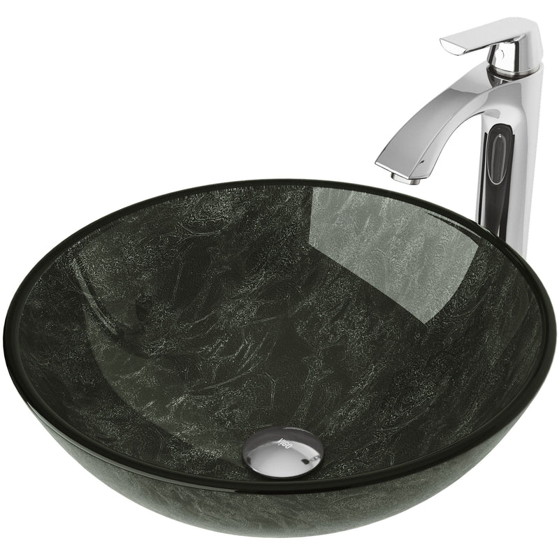 Glass Grey Onyx Bathroom Sink/Basin Set with Linus Faucet and Round Vessel Z2456