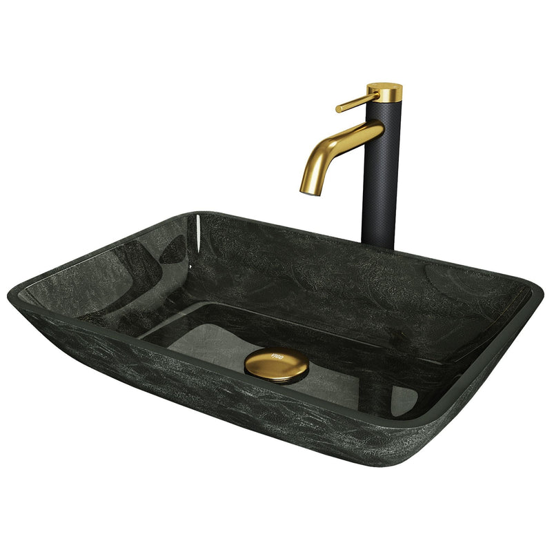 Glass Grey Onyx Bathroom Sink/Basin Set with Matte Gold Lexington Faucet and Rectangular Vessel N8946