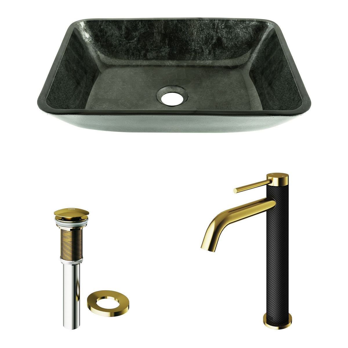 Glass Grey Onyx Bathroom Sink/Basin Set with Matte Gold Lexington Faucet and Rectangular Vessel
