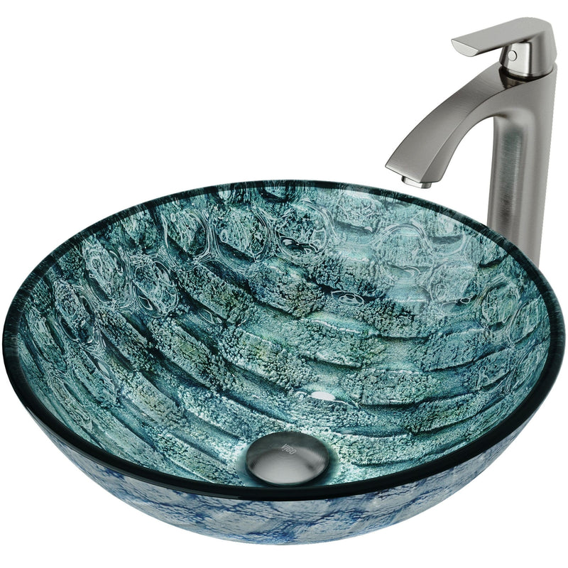 Glass Oceania Blue Bathroom Sink/Basin Set with Linus Faucet and Round Vessel J6835