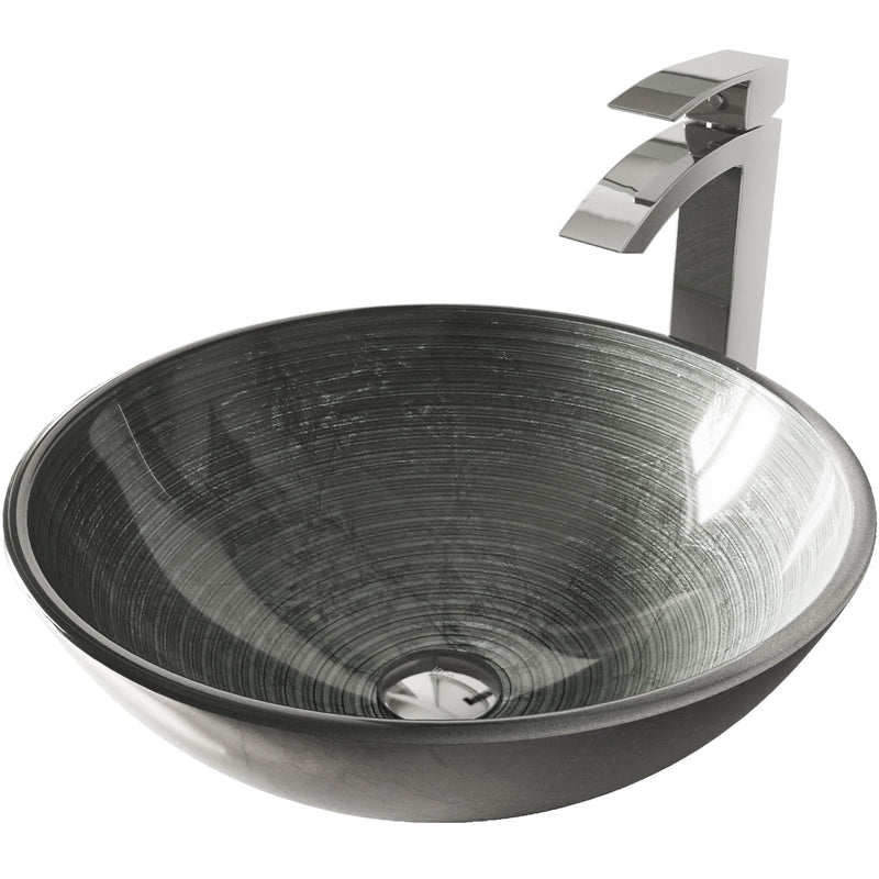Glass Simply Silver Bathroom Sink/Basin Set with Chrome Duris Faucet and Round Vessel F6036
