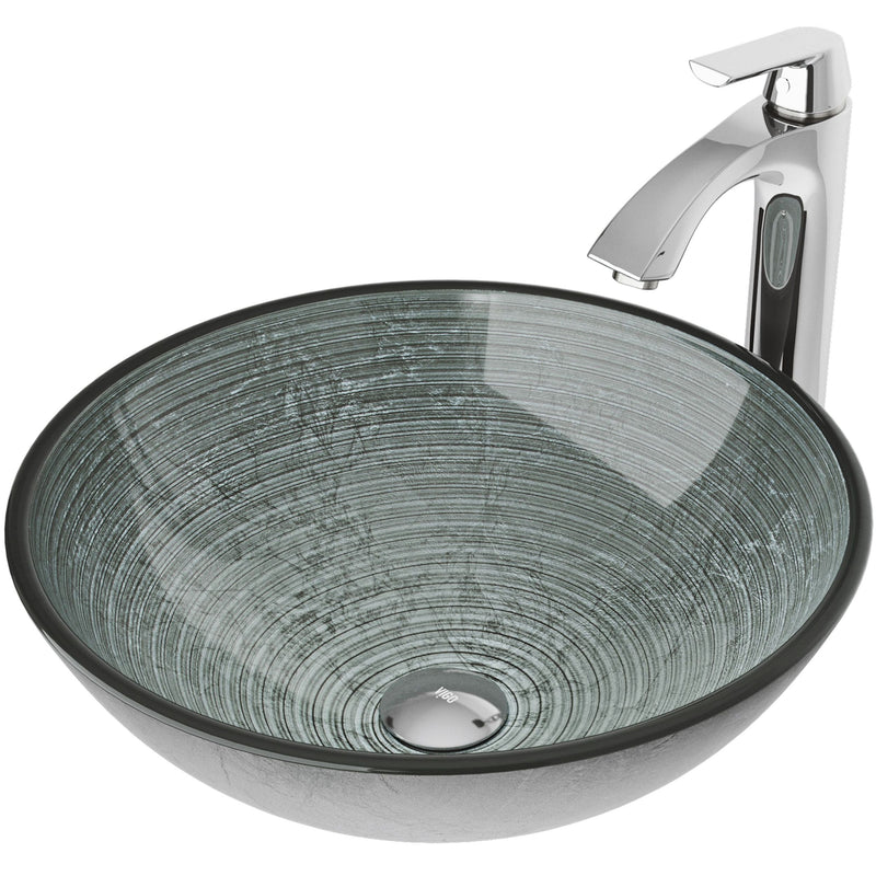 Glass Simply Silver Bathroom Sink/Basin Set with Linus Faucet and Round Vessel Y6949