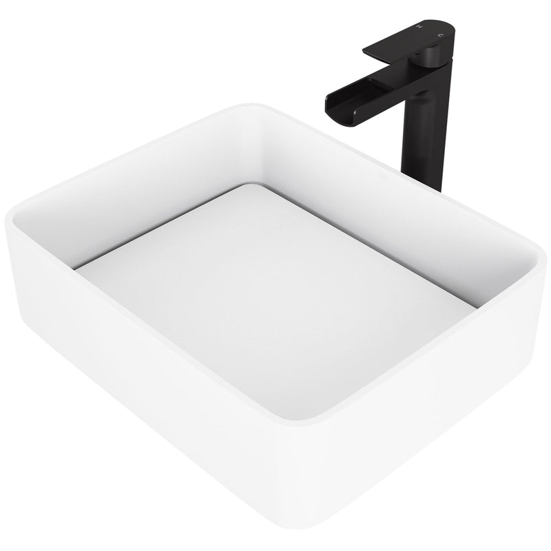 Jasmine White Bathroom Sink/Basin Set with Amada Faucet and Rectangular Composite Vessel A8192