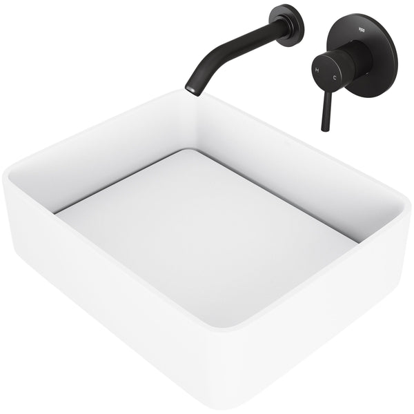Jasmine White Bathroom Sink/Basin Set with Olus Wall Mount Faucet and Rectangular Composite Vessel F1707