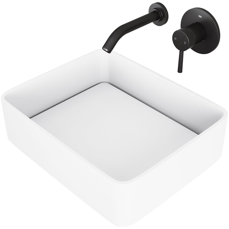 Jasmine White Bathroom Sink/Basin Set with Olus Wall Mount Faucet and Rectangular Composite Vessel F1707