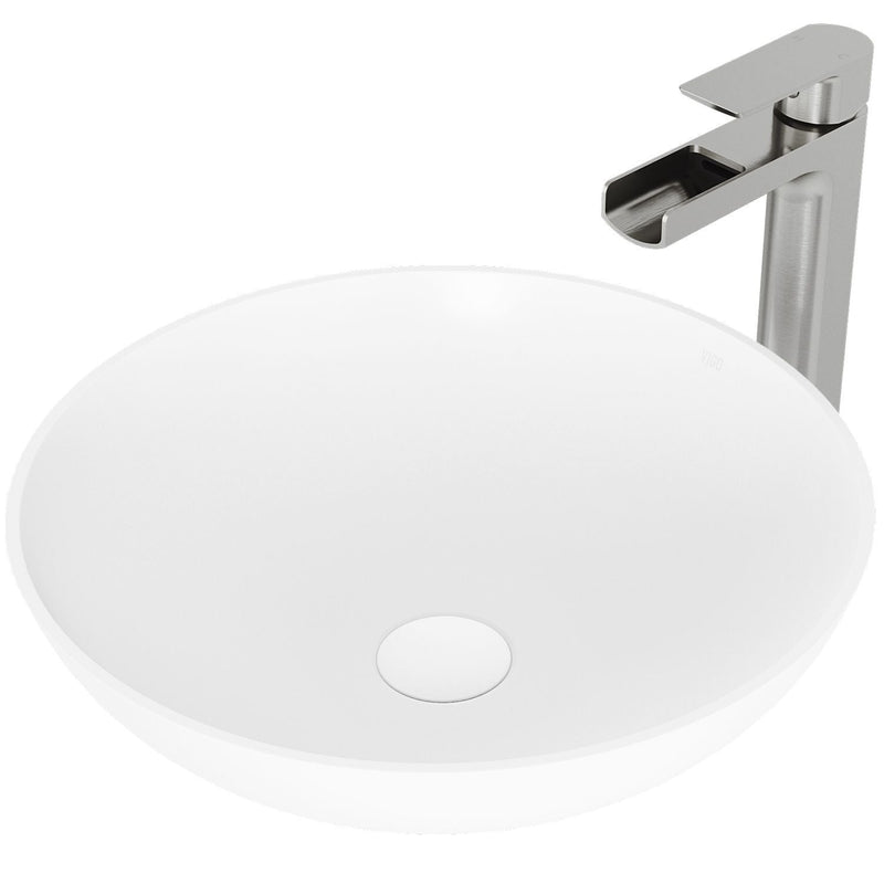 Lotus Round White Composite Bathroom Sink/Basin Set with Amada Faucet and Pop-Up Drain W6248