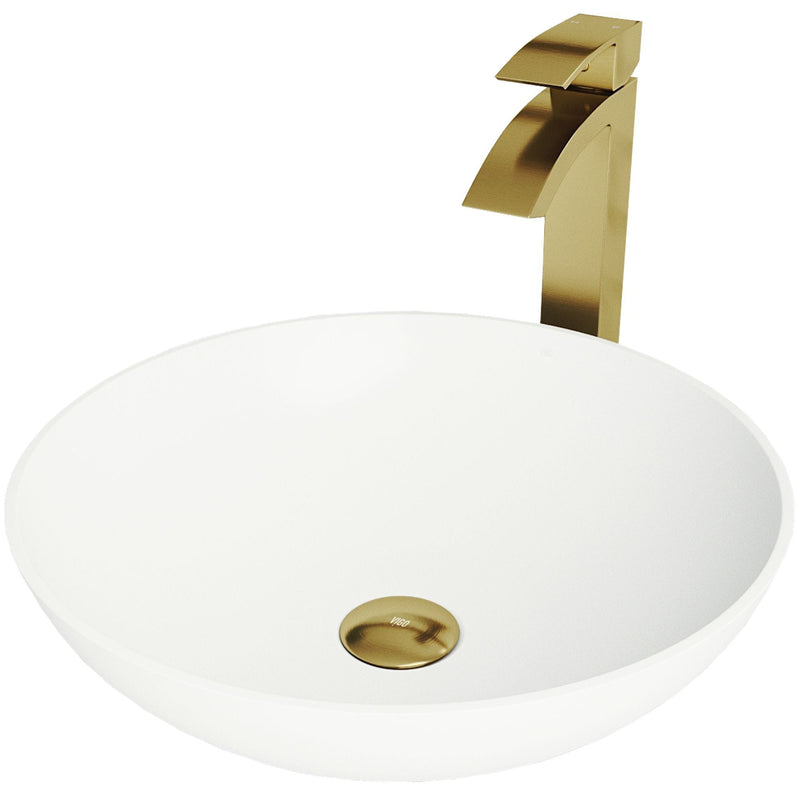 Lotus Round White Composite Bathroom Sink/Basin Set with Duris Faucet and Pop-Up Drain V3591