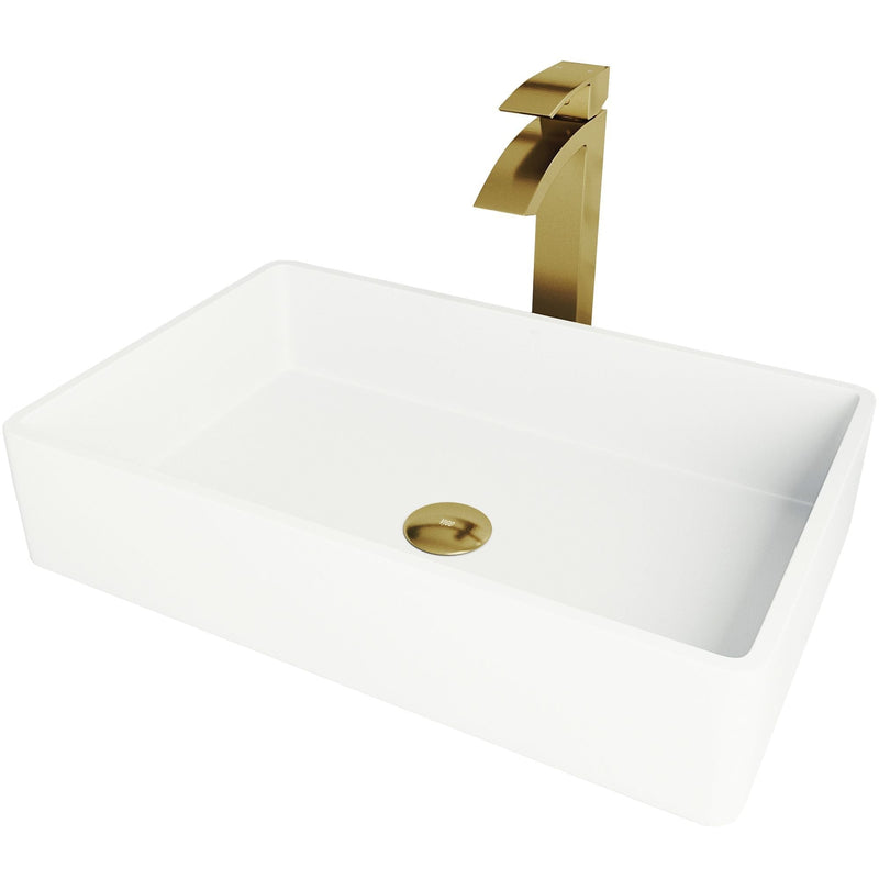 Magnolia White Bathroom Sink/Basin Set with Matte Gold Duris Faucet and Rectangular Composite Vessel S6157