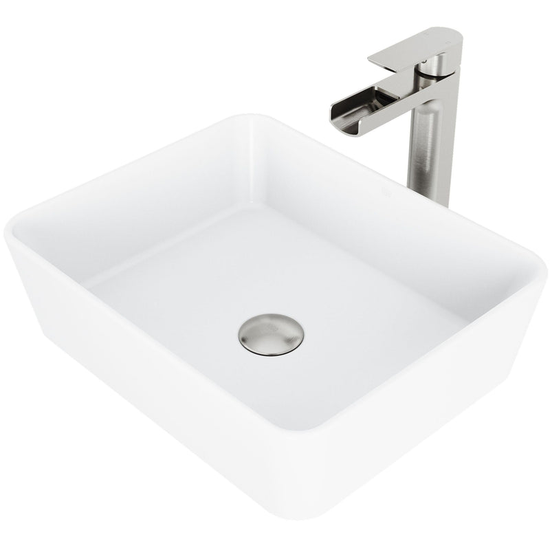Marigold Matte White Bathroom Sink/Basin Set with Amada Faucet and Rectangular Composite Vessel G3414